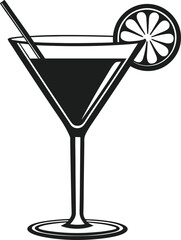 Elegant Cocktail Glass Silhouette Vector with Citrus Garnish and Straw – Perfect for Bar, Party, and Summer Designs