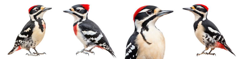 Fototapeta premium Detailed close up portraits showcasing the vibrant plumage distinctive features and natural habitat of various species of woodpecker birds