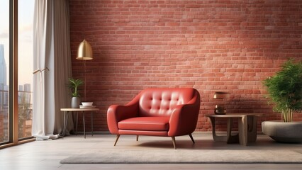 A modern interior with a brown brick wall