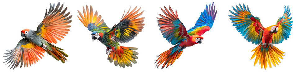 Colorful macaws flying vibrant feathers beauty tropical birds on transparent background