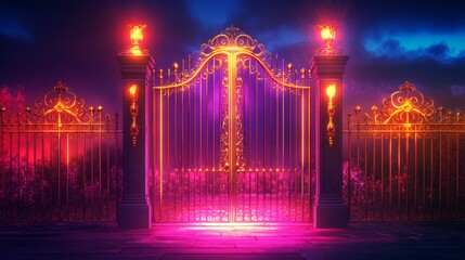 Fototapeta premium Wide neon glowing gates on dark background. Template for design