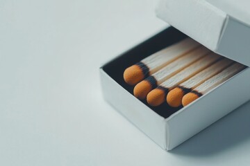 A close-up of a matchbox containing several matches with orange tips