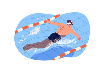 Professional swimmer is training on lane in pool. Sportsman in goggles is swimming in breaststroke style. Athlete is racing on sports competition on water. Flat isolated vector illustration on white