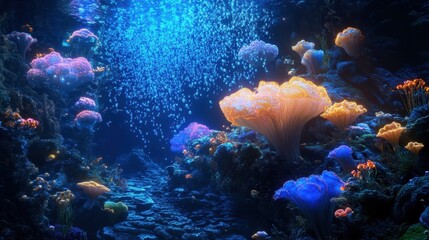 A vibrant underwater scene filled with colorful coral and bubbles