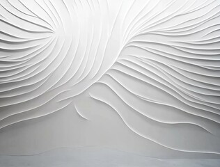 A white wall with wavy patterns, a paper-like texture, a light gray and black color scheme, sculptural relief, a simple background, a monochrome palette, soft lighting, and elegant curves.