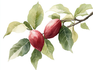 Watercolor of a branch with two oblong fruits. The fruit is red, and the leaves are various shades of light green and white.