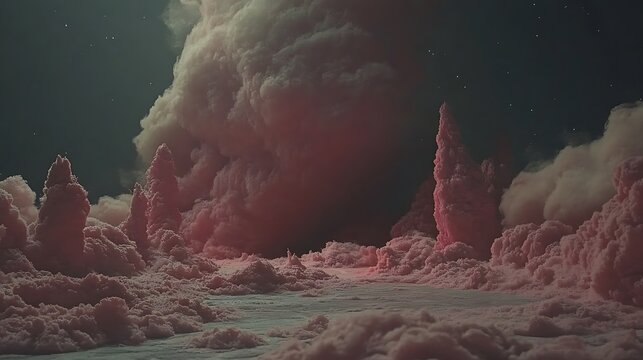 Pink cloudscape, surreal landscape at night.