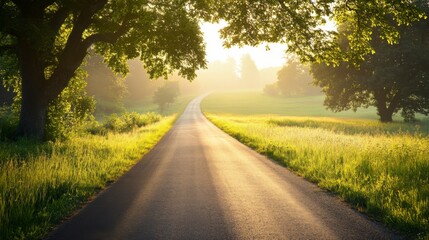 Obraz premium Scenic sunrise journey serene country road landscape photography tranquil environment wide angle nature's beauty awaits