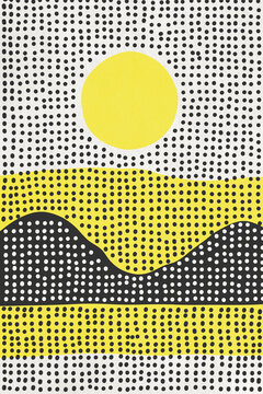 Abstract dotted pattern with yellow sun and landscape