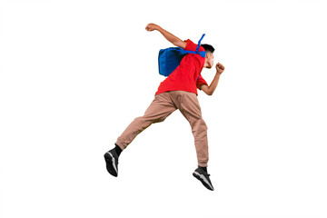 Rear view of student with bag running in studio