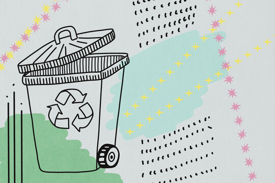 Illustration of a recycling trash can with abstract patterns and recycle symbol
