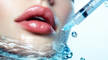 Vector illustration of hyaluronic acid filler injections or mesotherapy procedures. Watercolor female lips and syringe in water splashes. Cosmetology moisturizing procedures and beauty concept.
