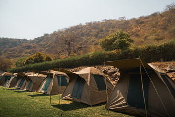 Multiple tents set up on a grassy area, offering accommodation amidst the savanna landscape near a...