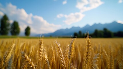 Golden wheat field against a backdrop of mountains