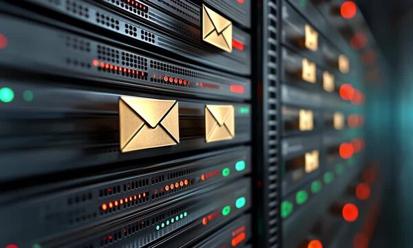 Digital illustration of golden email icons on black server racks, representing data storage, cloud communication, and email hosting systems.
