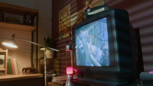 Closeup of old school hip-hop music video playing on screen of big retro TV in nostalgic setting with 90s interior and lava lamp, copy space