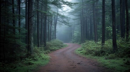 Fototapeta premium A winding forest path leads into a misty green wood