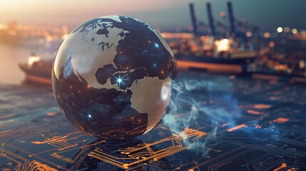 Tech-Savvy Globe Hovering Over Port, Ideal for Global Conferences and Tech Expos