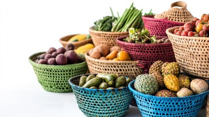 Fototapeta premium Colorful Baskets of Local Produce on White Background