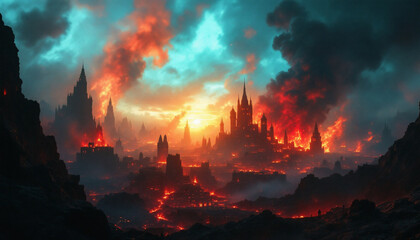 a breathtaking illustration of a fantasy castle silhoutted againts a vibrant sunset