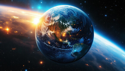 a digital illustration of a vibrant blue planet with glowing city lights set again a backdrop of a colorful galaxy