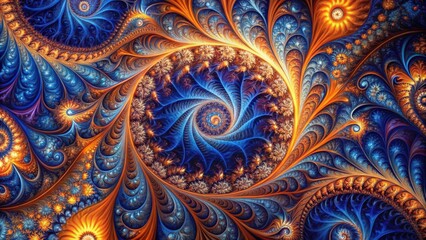 A spiraling pattern of intricate blue and orange floral designs with a central focus point of bright gold