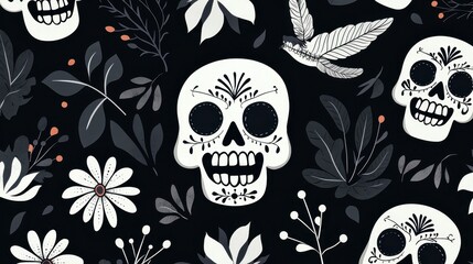 Fototapeta premium Floral Skull Pattern with Leaves and Flowers on Black Background, Artistic Illustration for Celebrations and Festivities