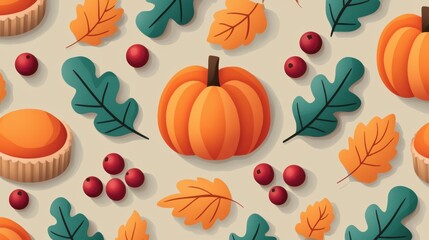 Fototapeta premium Colorful Autumn Pattern Featuring Pumpkins, Leaves, Berries, and Pies on a Cream Background Ideal for Seasonal Decorations and Marketing Designs