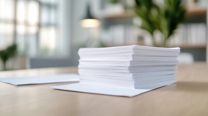 Stack of white papers on a light wooden table