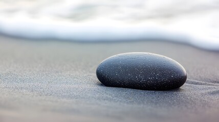 Smooth Black Stone on Sandy Beach