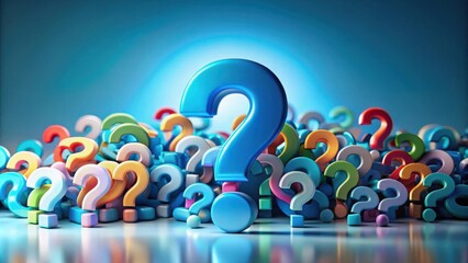 A single blue question mark stands tall above a sea of colorful question marks, representing the search for answers in a world full of uncertainty.