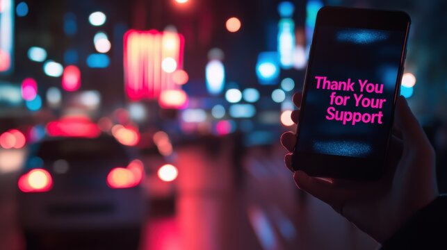 Bright Night Streets with Mobile Phone Displaying Support Message - Powered by Adobe