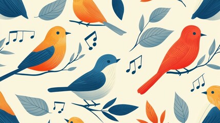 Colorful Bird Illustrations with Musical Notes and Leaves in a Playful Pattern for Nature-Lovers and Art Enthusiasts