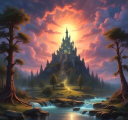 Naklejka premium Illustration of fantasy forest with creek and tower castle.