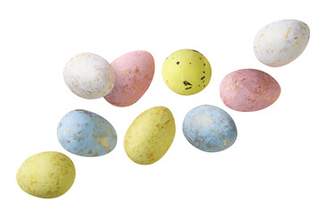Easter eggs flying close-up on a white background. Isolated