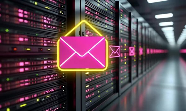 Bright neon pink email icons floating in a modern data center with server racks, symbolizing digital communication, cloud services, and data exchange.