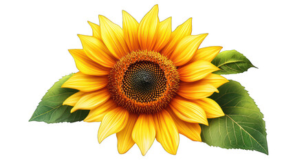 Fototapeta premium A vibrant sunflower with delicate petals and green leaves on a transparent background 