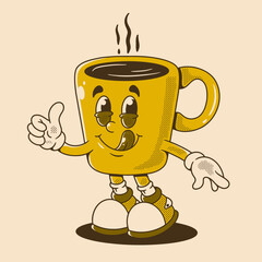 Retro tea or coffee mug character with thumbs up pose