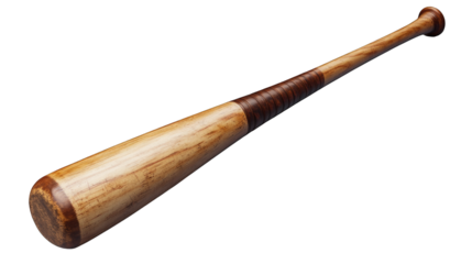 A wooden baseball bat with a leather grip on a transparent background 