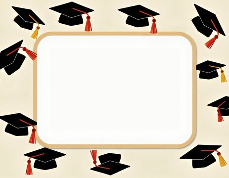 This illustration features a white rectangular frame with rounded corners, surrounded by multiple black graduation caps. The caps are scattered around the frame, creating a celebratory border. 