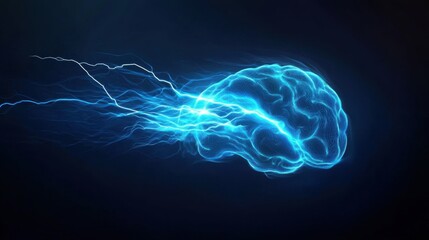 Dynamic representation of a glowing brain with electric sparks, showcasing the concept of mind power, intelligence, and neural connections in dark background
