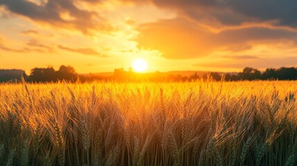 Fototapeta premium Wheat field at sunset with warm golden hues painting the sky and highlighting the crops in the foreground during early evening