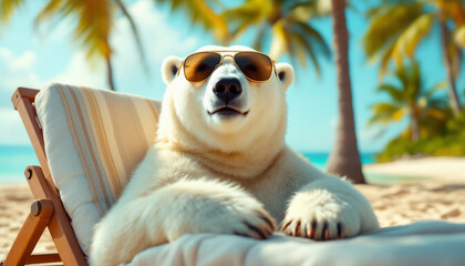 a cheerful polar bear  enjoying a sunny day at the beach