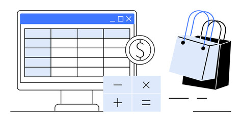 Computer monitor displaying a spreadsheet, calculator buttons, and shopping bags representing online financial transactions and retail management. Ideal for e-commerce, financial planning, online