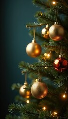 Fototapeta premium Sparkling golden ornaments on a bare Christmas tree branches, ornaments, tree branches, festive