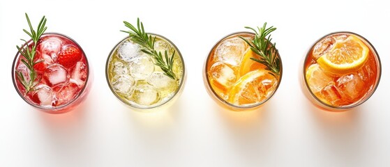 Refreshing colorful cocktails with ice and rosemary sprigs on white background overhead shot vibrant summer drinks