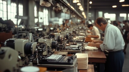 Factory workers operating machinery in a 1950s textile mill