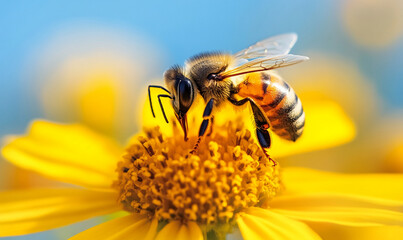 Fototapeta premium Detailed close-up of a bee collecting pollen from a vibrant yellow flower in sunlight