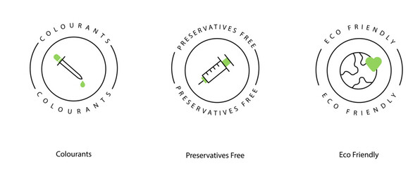 Eco-Friendly Colorants Preservatives-Free Green Natural Product Vector Icon Collection