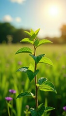 Obraz premium Stevia plant in a sunny meadow with other plants, plant, sun, landscape